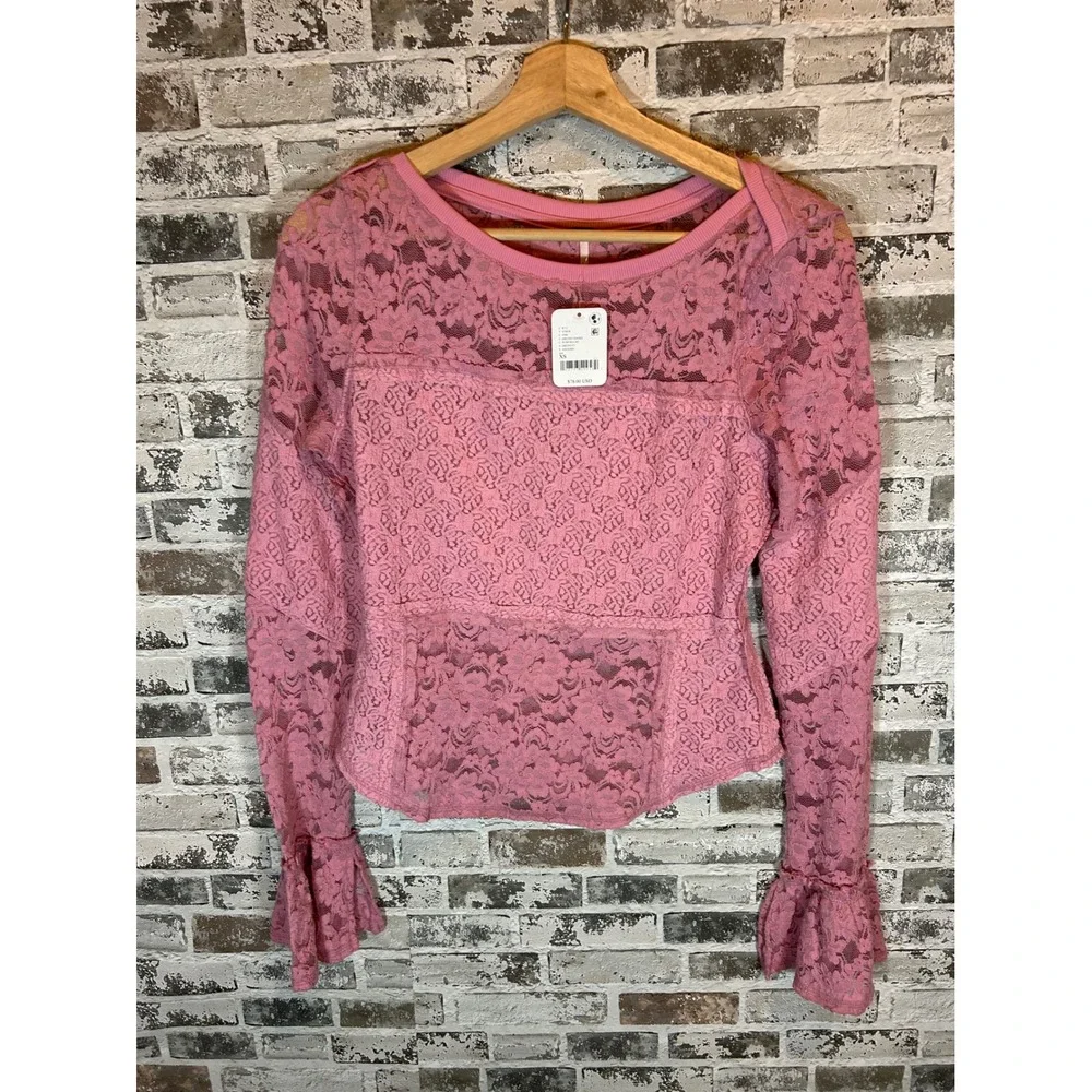 Free People Lace Top Women XS Orchid Smoke Floral Bell Sleeve Sheer Boho NEW